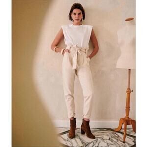 Sezane Austin Trousers High Waisted Tie Ankle Pants in Flecked Ecru Belted Sz 38